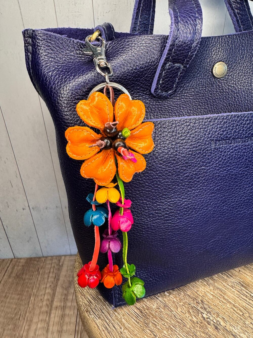 Orange Daisy Flower Leather Bag Charm Genuine Leather Purse Charm Flowers